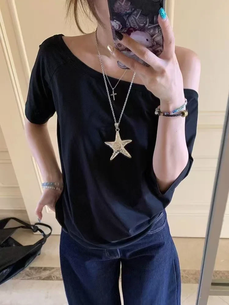 Off Shoulder Solid T-Shirt for Women - Casual Loose Summer Street Style Top