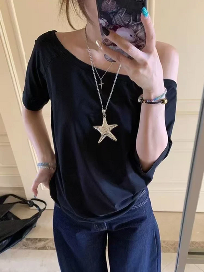 Off Shoulder Solid T-Shirt for Women - Casual Loose Summer Street Style Top