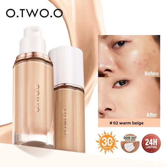 O.TWO.O Liquid Foundation Cream – 30ml High Coverage Waterproof Makeup Base with SPF30 Concealer