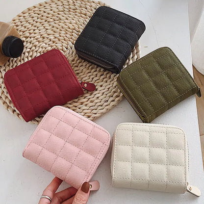 Women’s Small PU Leather Zipper Wallet with Coin Purse – Cute Plaid Mini Korean Card Holder, New Arrival