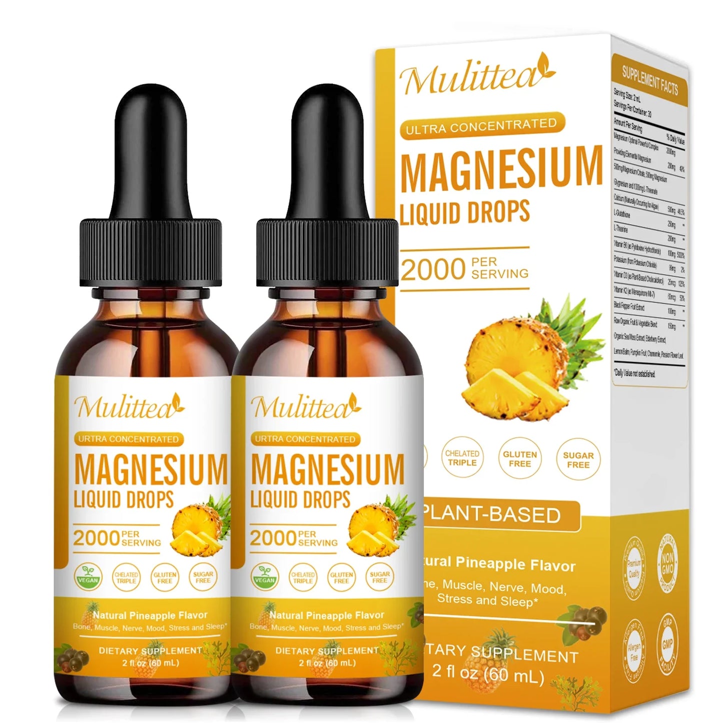 Mulittea Magnesium Glycinate Drops – Pineapple Flavor for Mood Calm, Muscle Relaxation, Sleep Support & Nerve Health