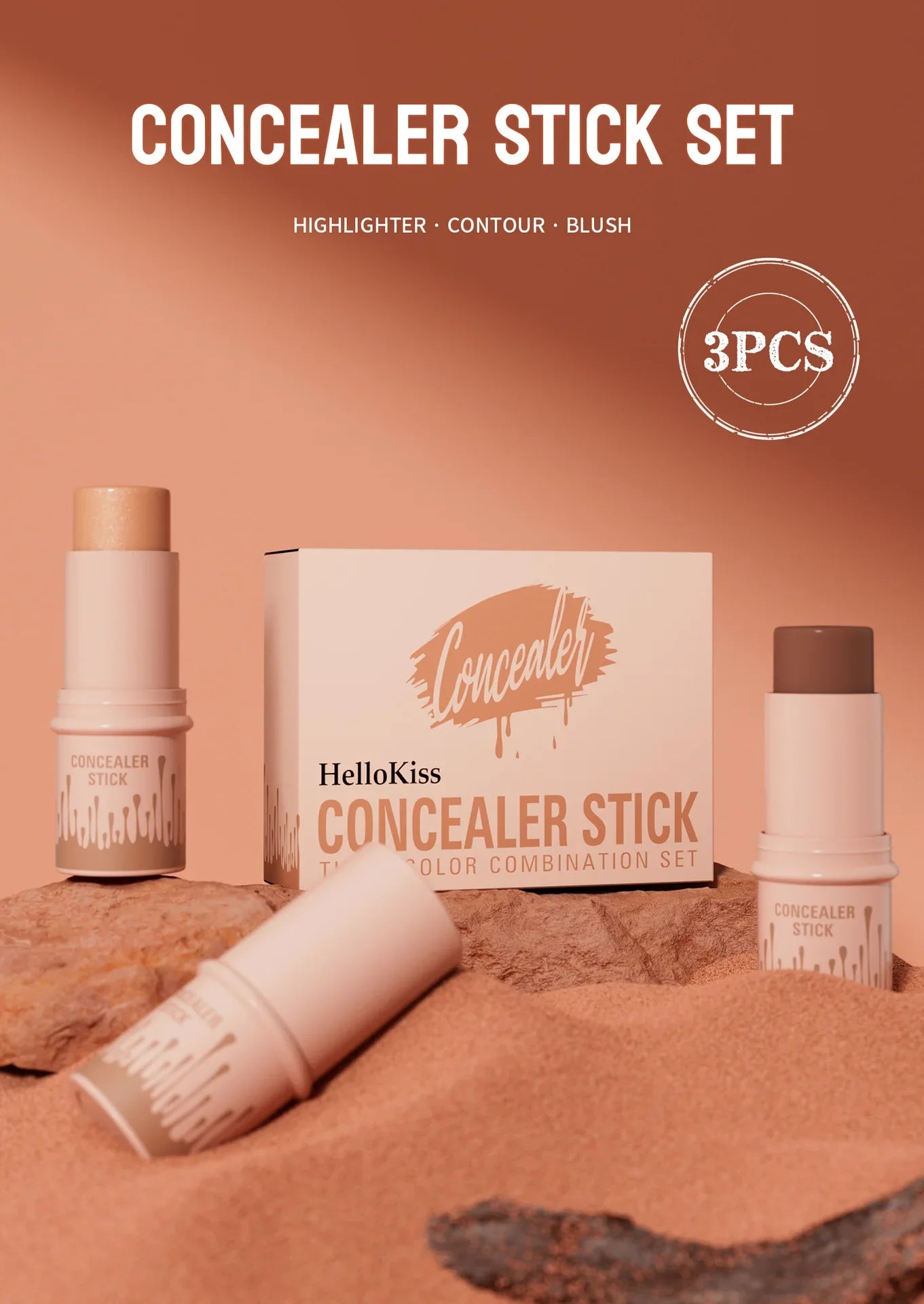 Hellokiss Multifunctional Grooming Stick 3-Piece Set – 3D Modification, Highlight & Brightening Blush Stick