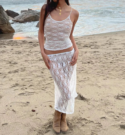 Women Y2K 2-Piece Skirt Set – Lace Flower See-Through Sleeveless Camisole & Wrapped Midi Skirt Summer Beach Outfit Suit