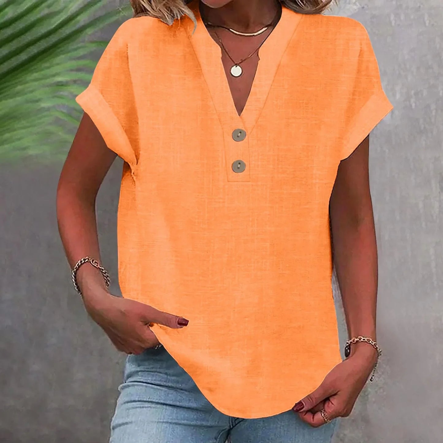 Women’s Summer Cotton Linen V-Neck Button Down Shirt – Breathable Casual Office Top in Solid Colors