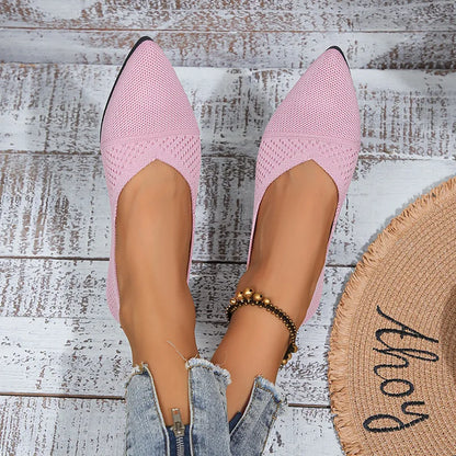 Women’s Pointed Toe Flat Shoes – Solid Color Knitted Slip-On Ballet Loafers, Casual & Breathable Ladies Shoes