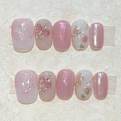10 Pcs Pink Handmade Press-On Nails – Full Cover Bear & Heart Design with Rhinestones, Short Round Manicure Tips