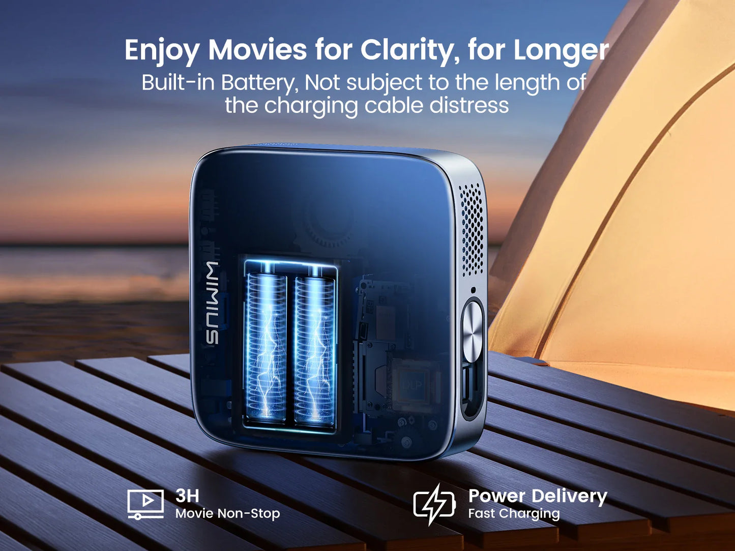 WiMiUS Mini Android 11.0 DLP Projector – Rechargeable Ultra Short Throw, WiFi, Bluetooth, FHD 1080P Support
