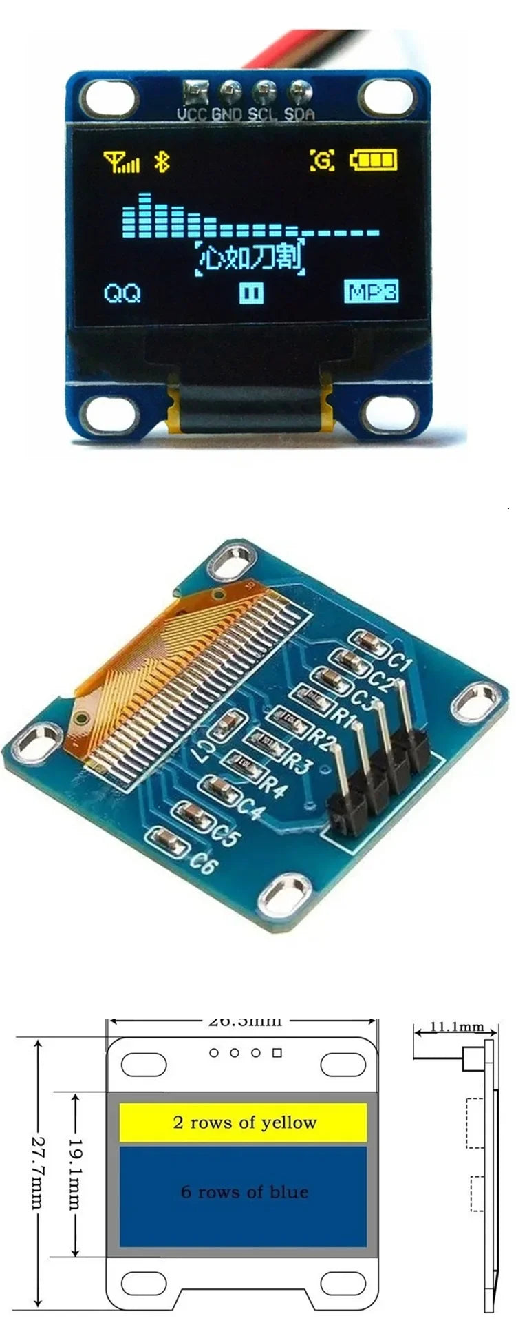 0.96 Inch OLED Display Module | SSD1306 I2C IIC SPI Serial 128x64 LCD for Arduino with Soldered Pin Headers