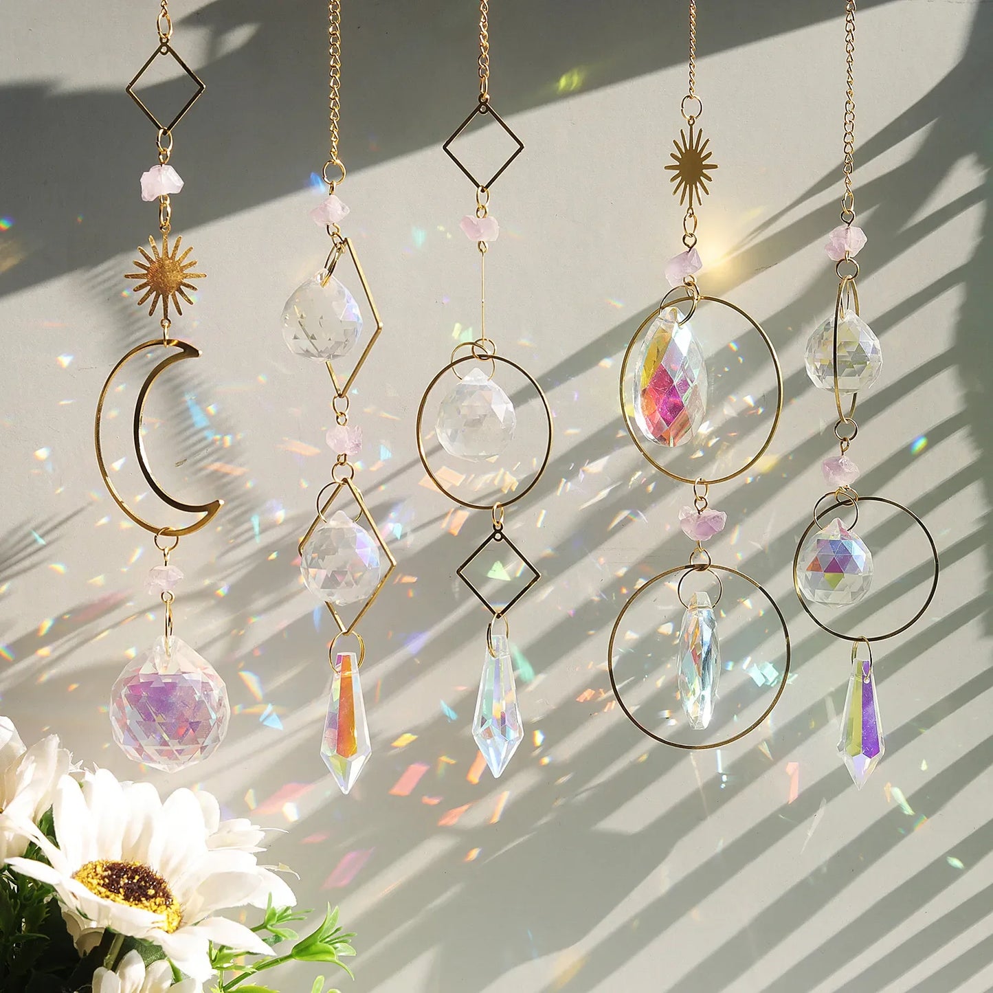 Moon Crystal Suncatcher: Hanging Rainbow Prism Wind Chime with Crystal Pendants, Ideal for Christmas Tree and Home Decor