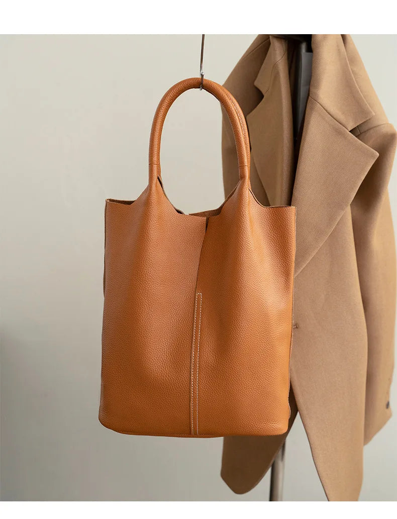 Genuine Leather Women’s Commuter Tote Bag — Soft Cowhide Shoulder Handbag, Large Capacity Bucket Bag, 2025 New