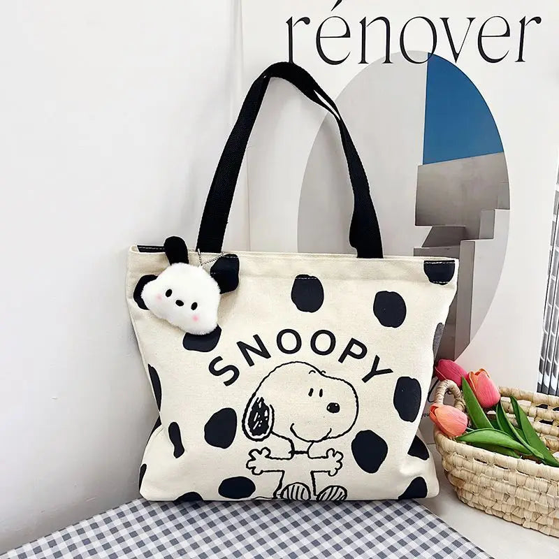 MINISO Snoopy Canvas Bag — Women’s Large Capacity Cartoon Handbag, Multi-Purpose Shoulder Tote with Hanging Accessory