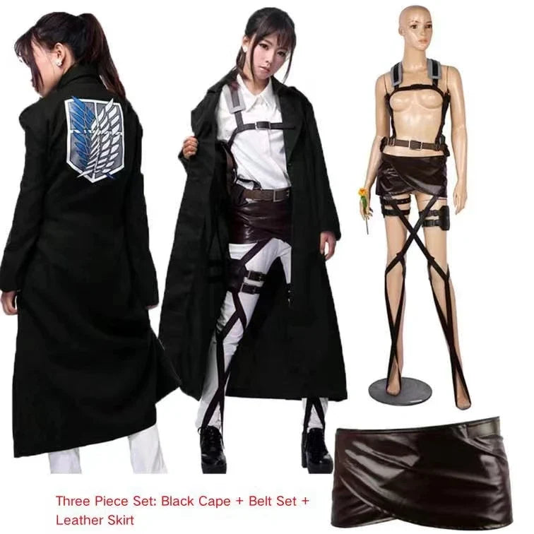 Attack on Titan Cosplay Costume - Recon Corps Jacket, Leather Skirt & Hookshot Belt Set for Anime Fans