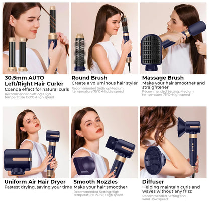 UKLISS 7-in-1 Hair Dryer Brush & Air Styler Set – Curling Iron, Round Brush & Straightener All-in-One Styling Tool for Women