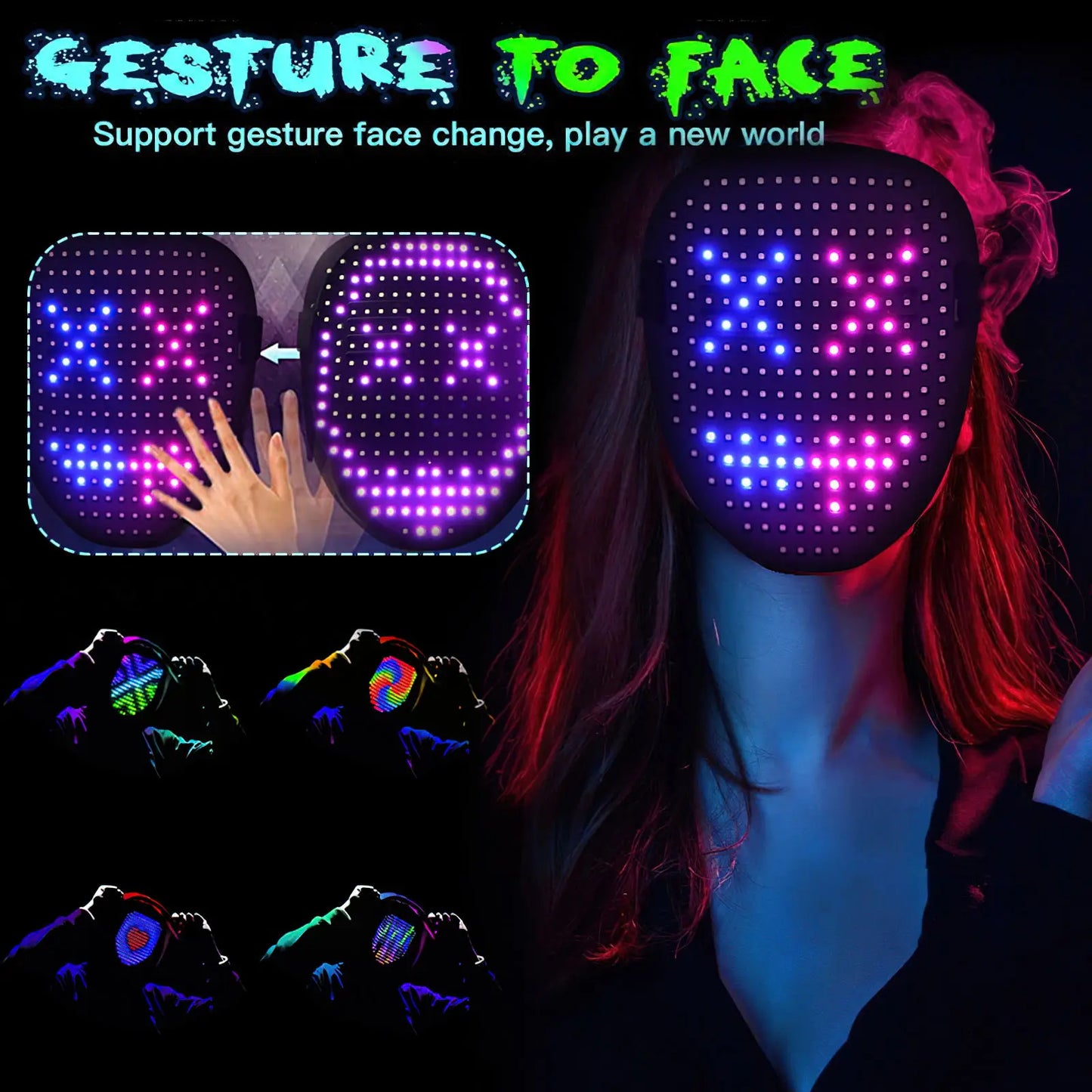 LED Mask with Gesture Sensing, Deformation, and Digital Glow - Perfect for Holiday, Christmas, Carnival, DJ Party, Makeup Ball, and More