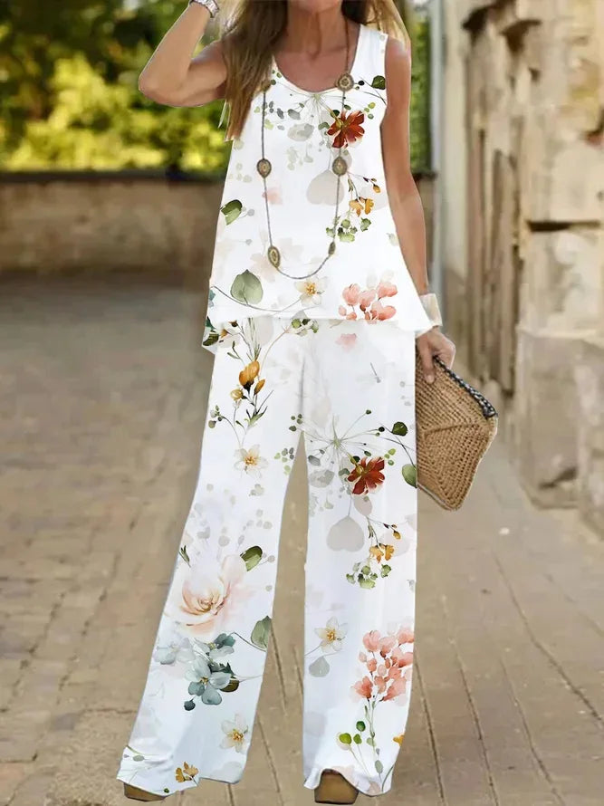 Women Printed 2-Piece Summer Suit Set – Sleeveless Round Neck Top & Wide Leg Pants Casual Loose Fit Outfit