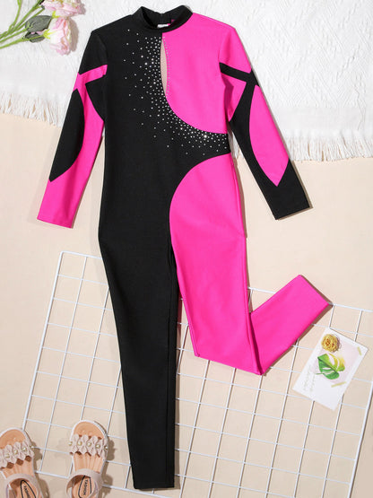 Kids Girls Long Sleeve Rhinestone Bodysuit — Full Body Dancewear Gymnastics Leotard Skating Jumpsuit