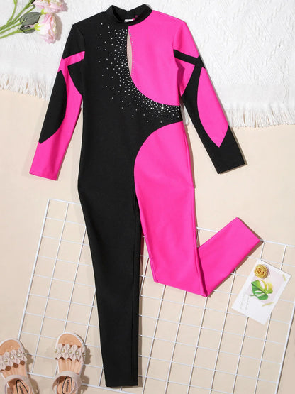 Kids Girls Long Sleeve Rhinestone Bodysuit — Full Body Dancewear Gymnastics Leotard Skating Jumpsuit