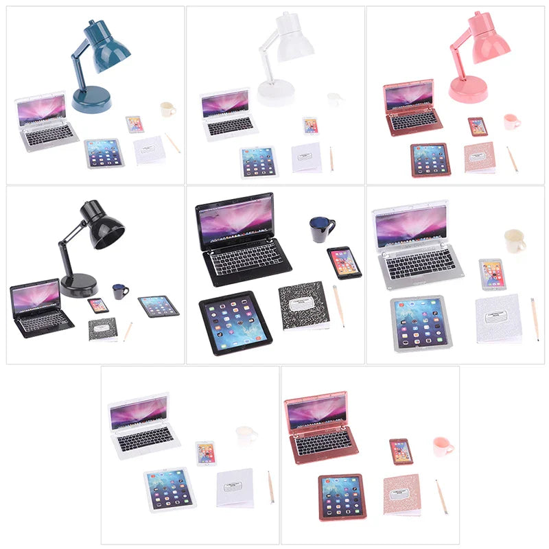 6–7PCS 1:12 Dollhouse Miniature Study Desk Set — Laptop, Phone, Tablet, Lamp & Books Scene Decor