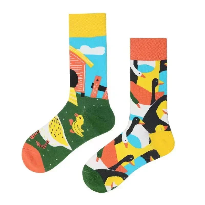 WY_New Asymmetrical Couples Mandarin Ducks Cotton Socks – Fashion Sports Colorful Medium & High Sleeve Unisex Crew Socks, Trendy Couple Gift Socks