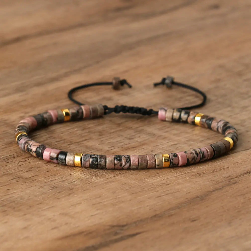 Natural Blue Emperor Stone Beaded Bracelet – Polished Block Beads, Adjustable Woven Rope Women’s Gift Jewelry