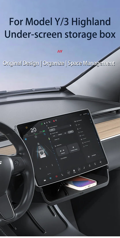 Herval Under-Screen Storage Tray for Tesla Model Y/3 2021-2025 Highland – Hidden Anti-Slip Storage Box