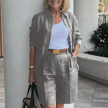 Women’s 2 Piece Summer Outfit Set - Solid Color Cardigan Shirt Top & Casual Shorts Matching Ensemble