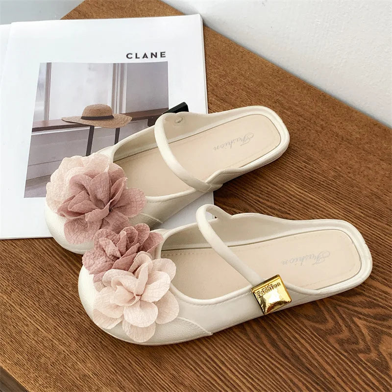 Women's Double Flower Slippers - Lightweight Flat Summer Casual Shoes