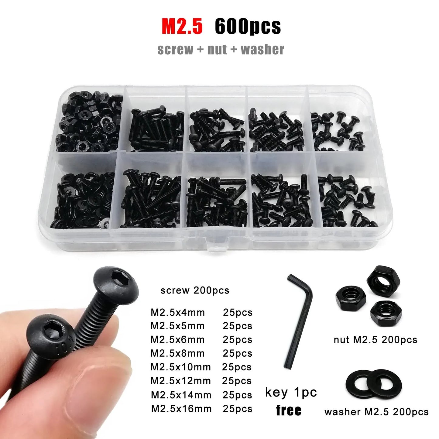 M1.6-M8 Black Grade 10.9 Steel Allen Hexagon Screw Bolt Nut Washer Kit – Round Head Set Box