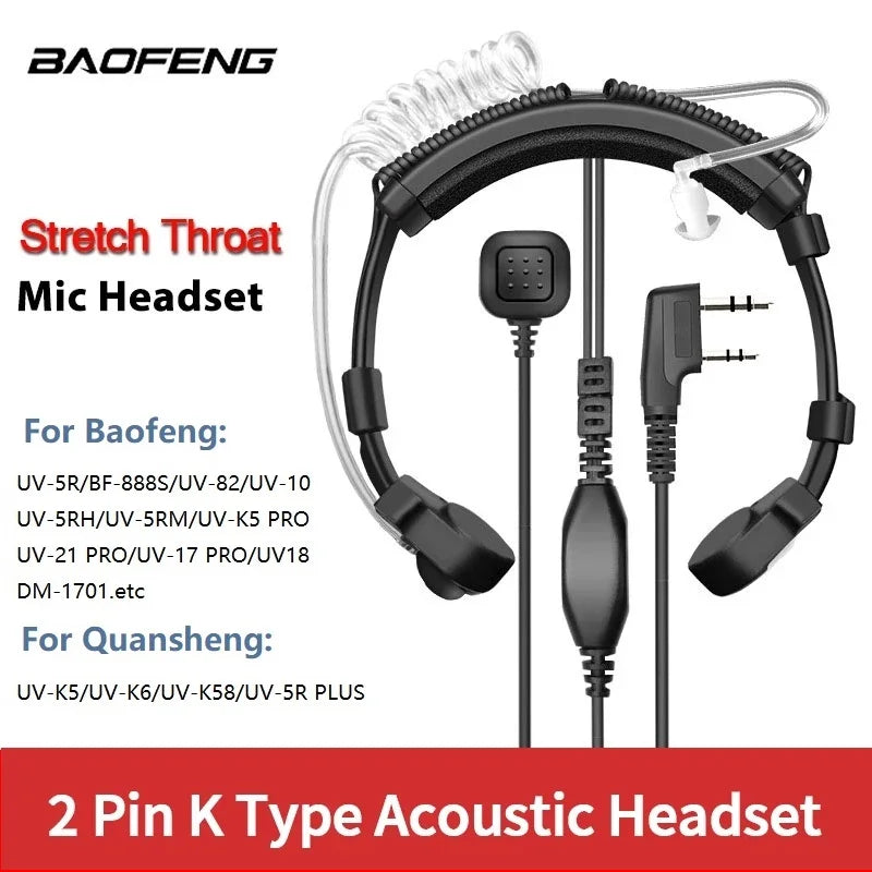 Extendable Adjustable Acoustic Throat Microphone PTT Headset for Baofeng UV-5R, BF-888S, UV-21 PRO, Quansheng UV-K5 & K6 Two Way Radios