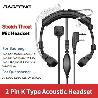 Extendable Adjustable Acoustic Throat Microphone PTT Headset for Baofeng UV-5R, BF-888S, UV-21 PRO, Quansheng UV-K5 & K6 Two Way Radios