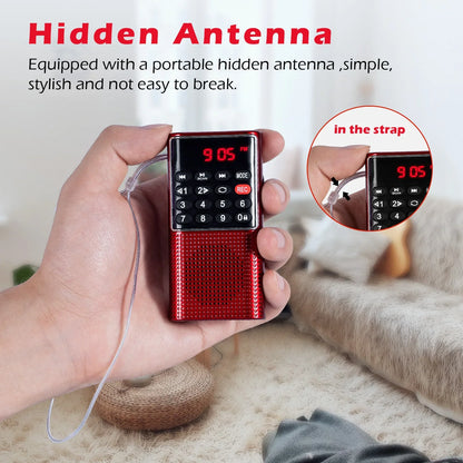 PRUNUS J-328 Mini Portable Pocket FM Radio: Handheld MP3 Walkman with Recorder & Rechargeable Battery - Ideal for Hiking