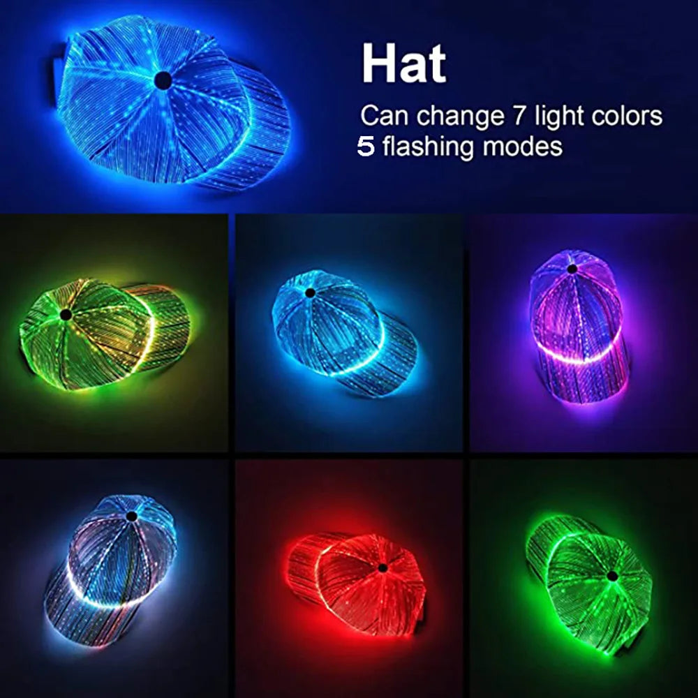 Fiber Optic LED Hat - 7 Colors Luminous Glowing Baseball Cap with USB Charging, Light-Up EDC Performance Cap