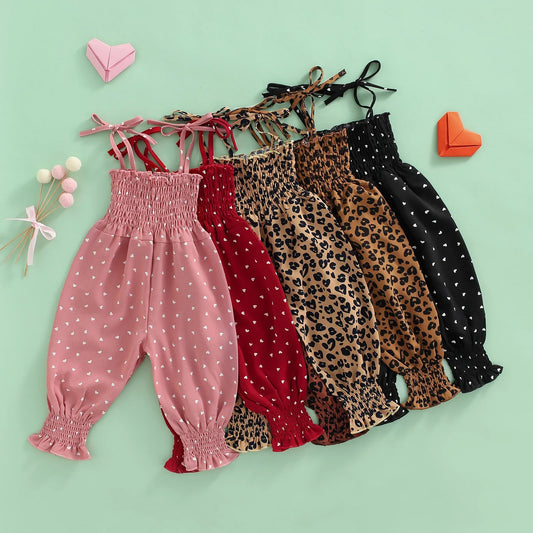Lioraitiin Toddler Girl Sling Jumpsuit – Heart & Leopard Print Pleated Tie-Up Overalls Romper for Ages 0-4 Years