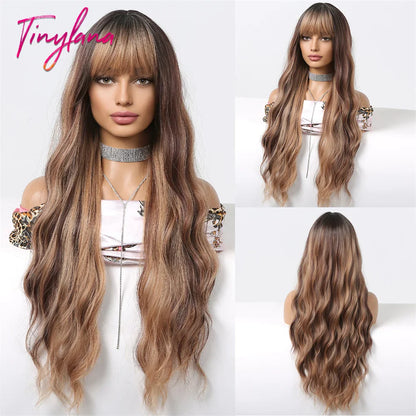 Super Long Curly Wavy Brown Synthetic Wig with Bangs – Heat-Resistant Afro Style for Cosplay, Party, Halloween, White Women