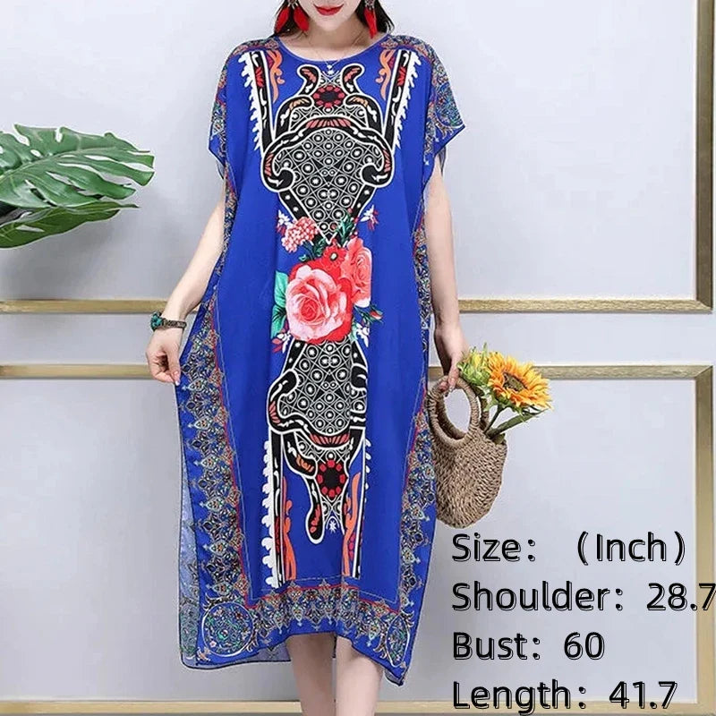 Women’s Bohemian Floral Tunic Dress - Retro Ethnic Print Batwing Sleeve Loose Summer Maternity Streetwear