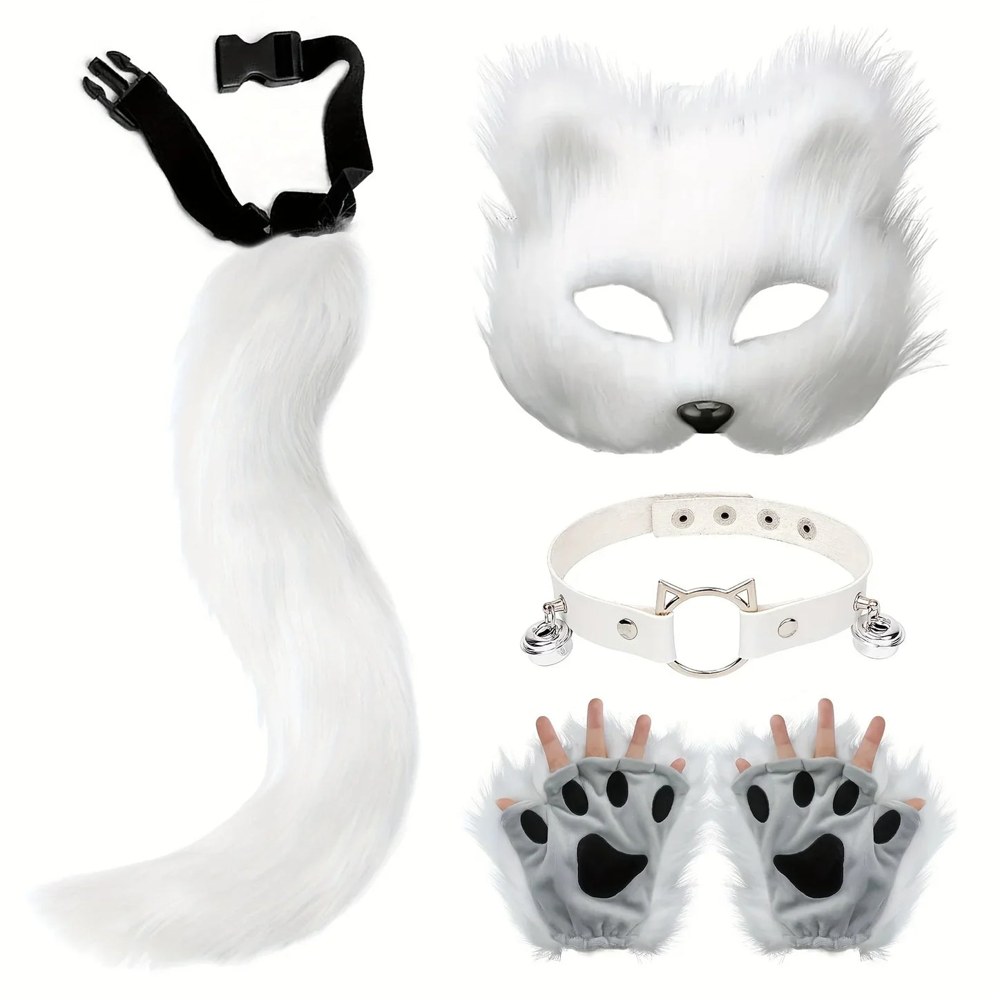 5pcs Fluffy Fur Fox Tail & Cat Paws Gloves Set — Wolf Mask Halloween Cosplay Costume Accessories for Theme Party Dress-Up