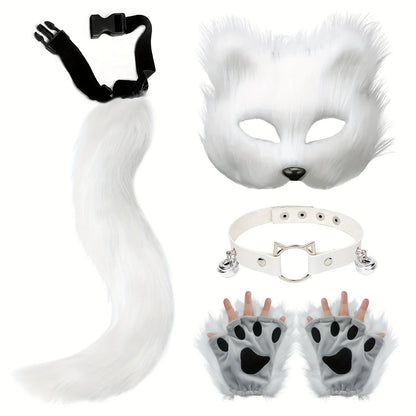 5pcs Fluffy Fur Fox Tail & Cat Paws Gloves Set — Wolf Mask Halloween Cosplay Costume Accessories for Theme Party Dress-Up