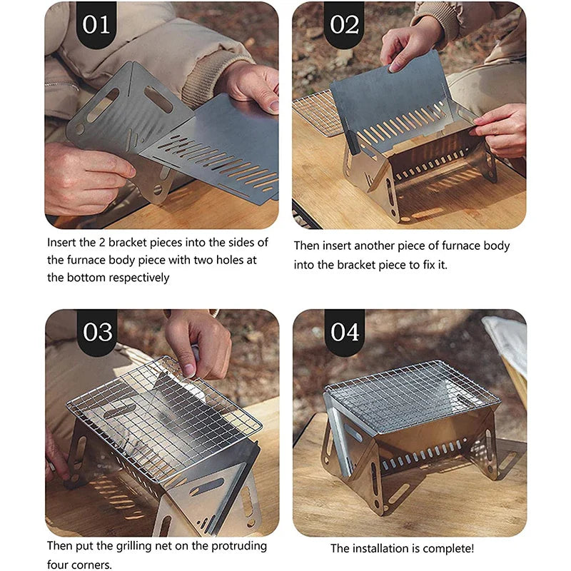 Portable Folding Barbecue Grill: Multifunction Camping BBQ Grill Rack with Firewood Stove - Stainless Steel BBQ Grill Net for Outdoor Cooking