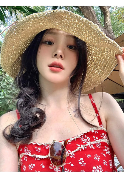 Women’s Holiday Beach Sun Hat – Large Brim Woven Straw Fisherman Hat with Bow, Seaside Sun Protection Panama Chapeau Korean Style