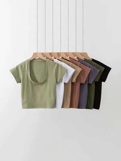 Women’s U-Neck Crop Top – Solid Color High Waist Slim Fit Short Sleeve Casual Streetwear T-Shirt