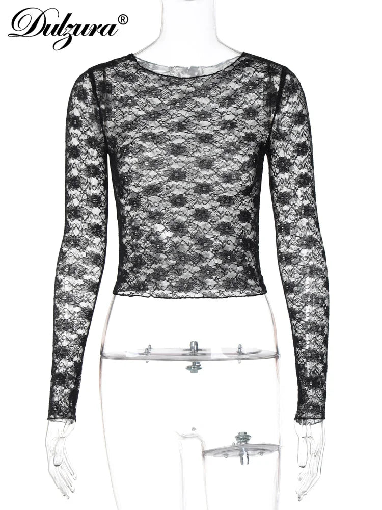 Dulzura Long Sleeve See-Through Lace Crop Top – Sexy Solid Bodycon T-Shirt for Women – Perfect for Party & Club – Autumn/Winter Fashion