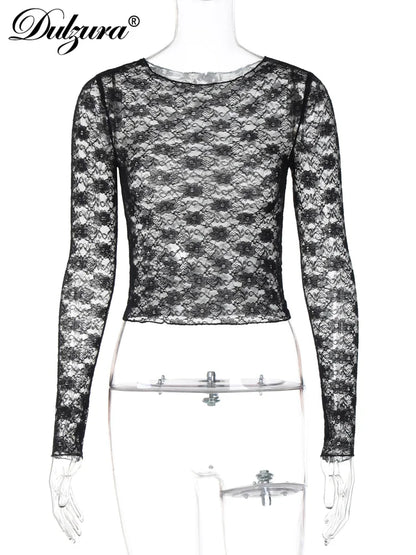 Dulzura Long Sleeve See-Through Lace Crop Top – Sexy Solid Bodycon T-Shirt for Women – Perfect for Party & Club – Autumn/Winter Fashion