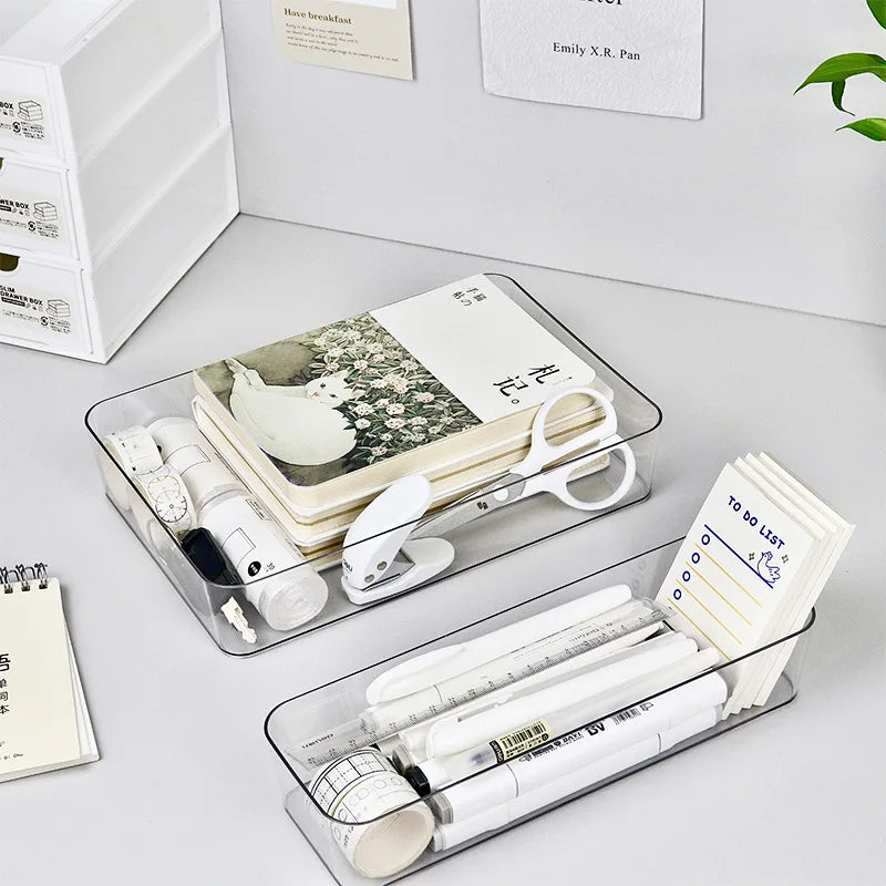 4PCS Clear Plastic Desk & Drawer Organizers – Makeup Storage Boxes for Office & Bathroom