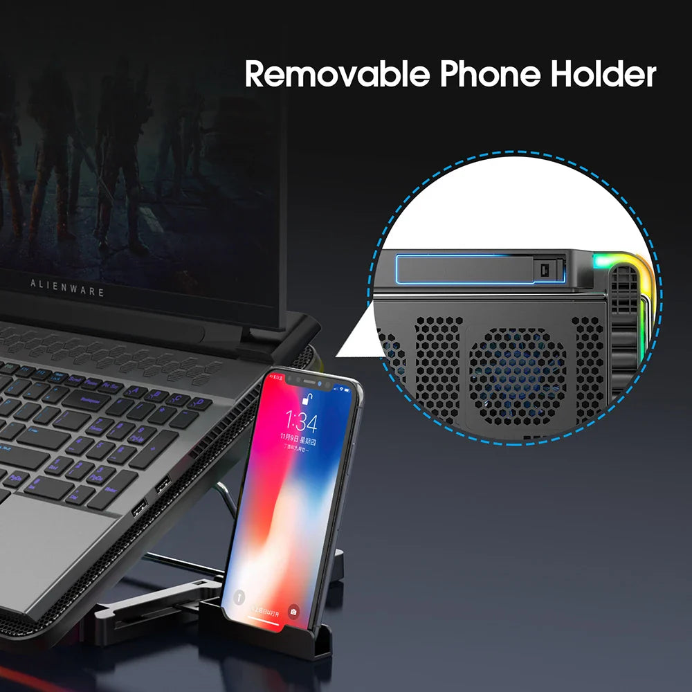 Coolcold Laptop Cooling Pad 15.6-17.3" — 6 Quiet Fans, 7 Adjustable Heights, Wind Speed Control with Mobile Phone Holder