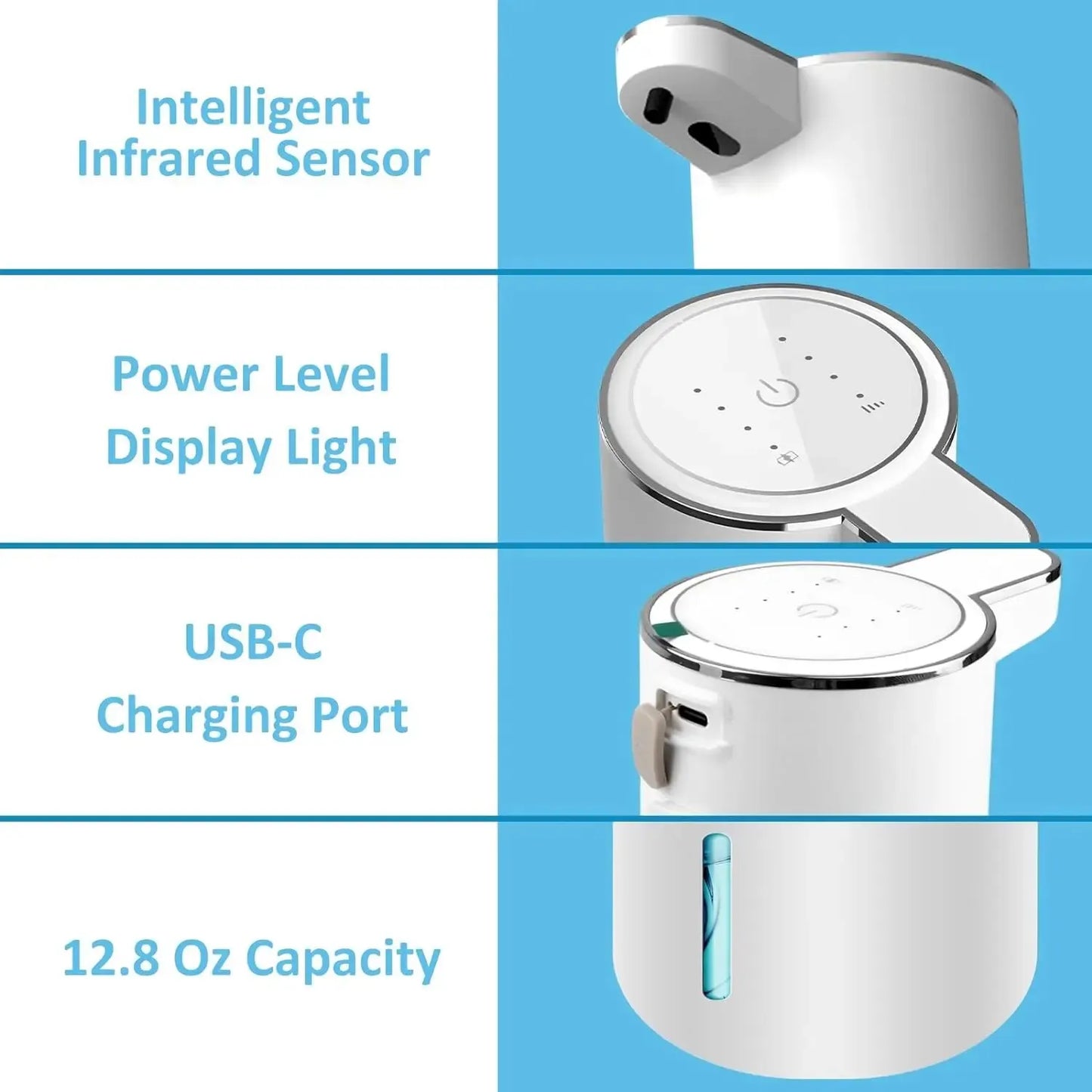 Smart 380ml Touchless Foaming Soap Dispenser - USB Rechargeable, 4-Level Foam Control
