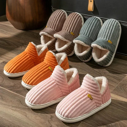 Winter Couple Style Plush Slippers | Solid Color Wrap-Heel Design | Non-Slip Warm Flip Flops | Cotton Home Casual Shoes for Women & Men