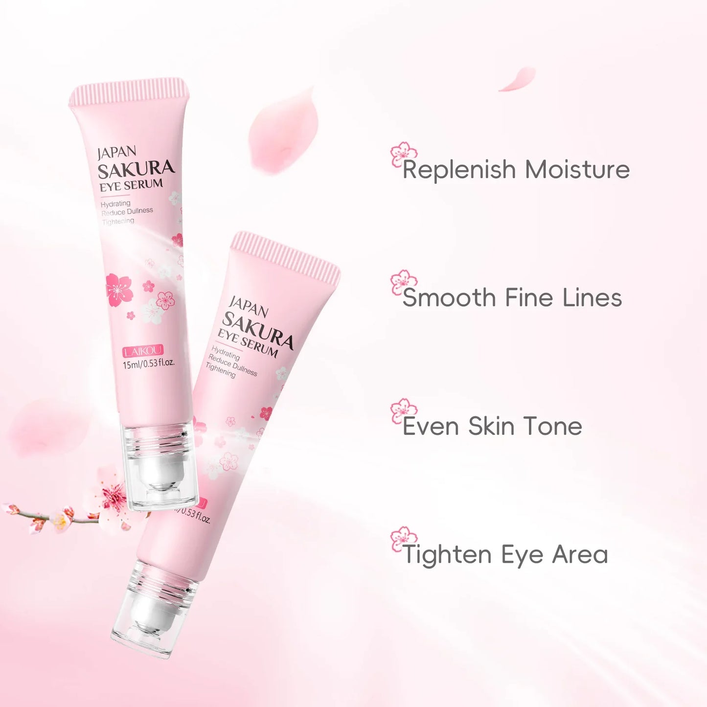LAIKOU Sakura Eye Serum Roller — Hyaluronic Acid Moisturizing Cream for Eye Bags & Dark Circles, 15ml