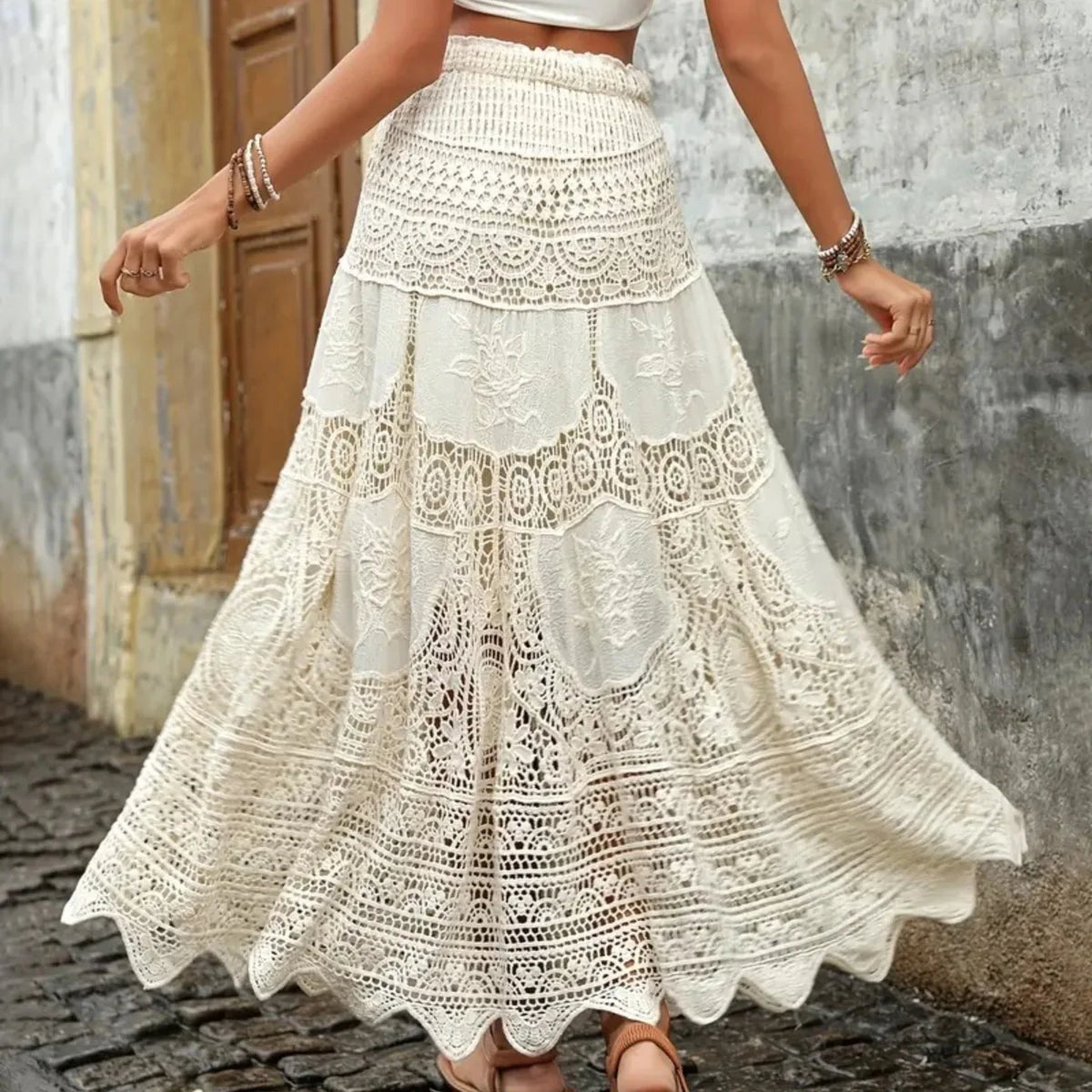 Women’s Lace Crochet Maxi Skirt - A-Line Boho Beach Cover Up for Summer Holiday Outfits