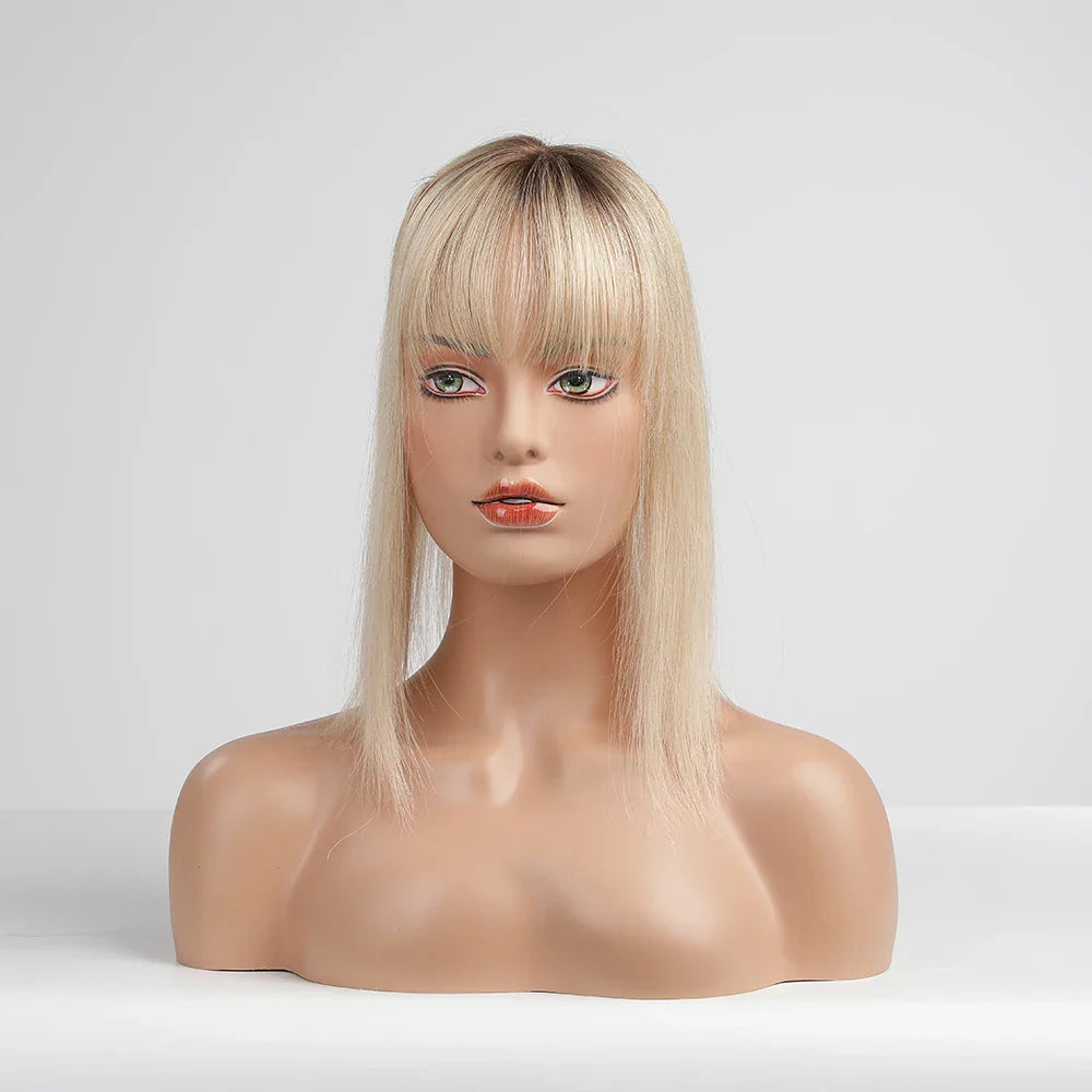Brown Blonde Ombre Human Hair Toppers for Women – 10/12/14 Inches with Silk Base, Clips, and Bangs