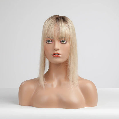 Brown Blonde Ombre Human Hair Toppers for Women – 10/12/14 Inches with Silk Base, Clips, and Bangs